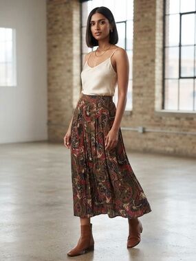 Vtg Worthington Paisley Midi Skirt 90s Boho Rayon Pleated Red Green Multicolor